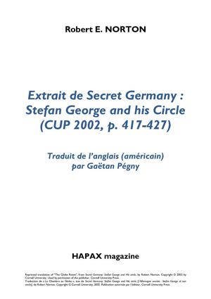 Robert E. NORTON_Extrait de Secret Germany : Stefan George and his Circle (traduit de l'anglais par Gaëtan Pégny).