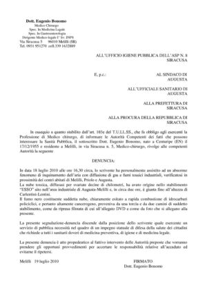 Eugenio Bonomo denuncia all'Ufficio Igiene Pubblica di Siracusa la nube tossica creata da stabilimento Esso Augusta il 18-07-2010