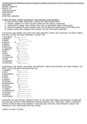 Looking for Alibrandi Worksheet