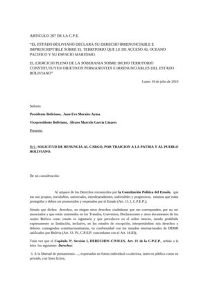 SOLICITUD DE RENUNCIA AL SR. PRESIDENTE, EVO MORALES