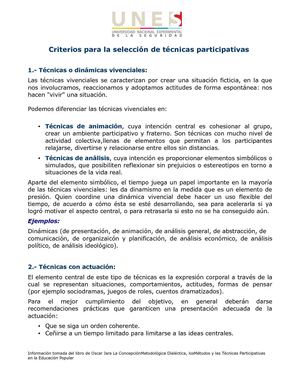 Criterios para la selección de técnicas participativas