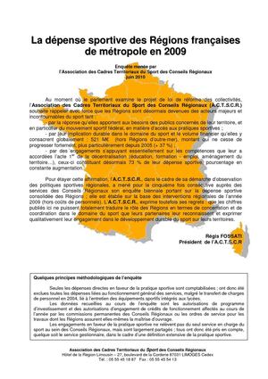 La dépense sportive des régions françaises de métropole en 2009
