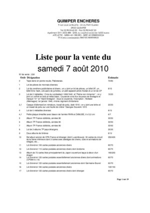 Liste de la vente aux enchères du samedi 7 août 2010