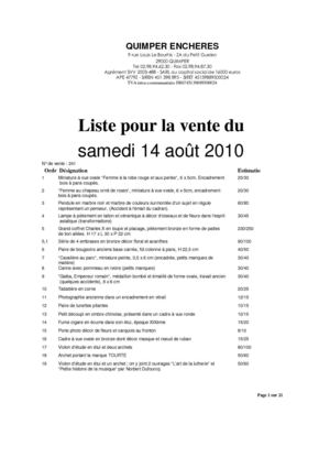 Liste en ligne de la vente aux enchères du samedi 14 Août 2010