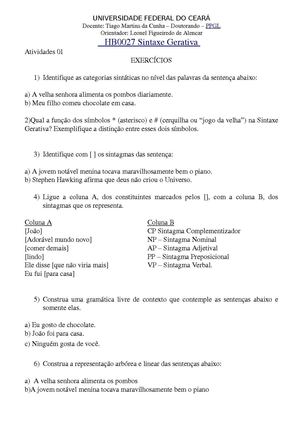    HB0027 Sintaxe Gerativa: Exercício 01_ Fundamentos da Sintaxe Gerativa