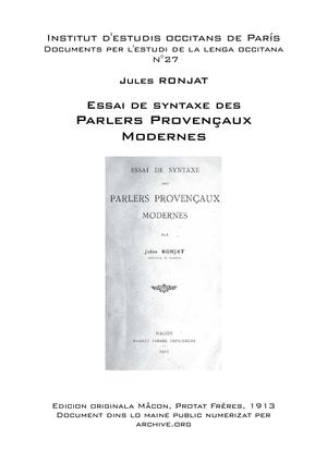 Jules RONJAT - Essai de syntaxe des parlers provençaux modernes