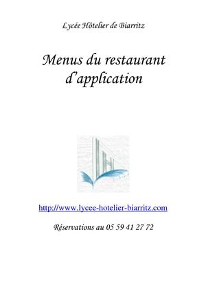Carnet de menus Lycée hôtelier de Biarritz Atlantique 2010-2011