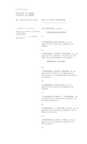 Requête déclinatoire et en irrecevabilité (12 avril 1996) dans l'affaire Bertrand c. Québec ( Procureur général ) [ Bertrand c. Bégin ] deposée le 11 août 1995 (C.S. 200 05-002117-955)
