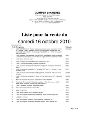 Quimper Encheres: vente aux enchères du samedi 16 octobre 2010
