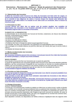 Honoraires Avocat Paris - article 11