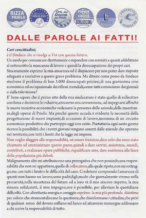 Priolo, 15 nov 2010. Volantino del sindaco Rizza: "Dalle parole ai fatti".
