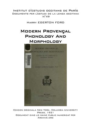 Harry EGERTON FORD - Modern Provençal Phonology And Morphology