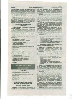 Ley Nº 29625 de devolución de dinero del FONAVI a los trabajadores que contribuyeron al mismo.