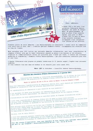 Lettre d'infos Clévacances 65 pour adhérents chambres d'hôtes - jan 2011