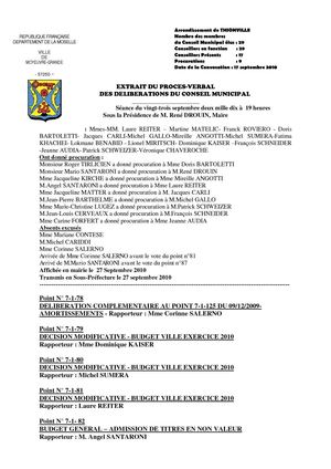 Procès Verbal du Conseil Municipal de Moyeuvre-Grande du 23 septembre 2010