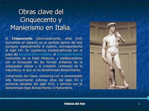 Cinquecento y Manierismo en Italia. Obras significativas.