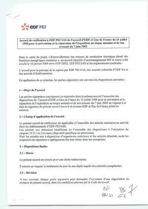 Accord de ratification à EDF PEI SAS de l'accord d'EDF GDF prévention et réparation exposition au risque amiante