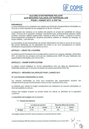 Accord d'entreprise relatif aux mesures salariales individuelles pour l'année 2011 à EDF SA