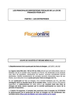 LES PRINCIPALES DISPOSITIONS FISCALES DE LA LOI DE FINANCES POUR 2011    PARTIE I : LES ENTREPRISES