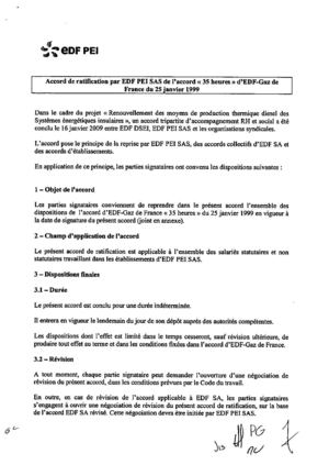 Accord de ratification à EDF PEI SAS de l'accord "35 heures" d'EDF-Gaz de France du 25 janvier 1999
