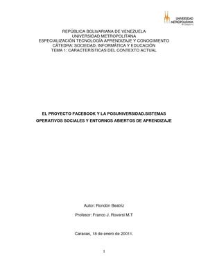 EL PROYECTO FACEBOOK Y LA POSUNIVERSIDAD.SISTEMAS OPERATIVOS SOCIALES Y ENTORNOS ABIERTOS DE APRENDIZAJE