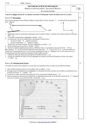 DS 4 - Première S - Forces et effets des forces – Les lois de Newton - La conductimétrie