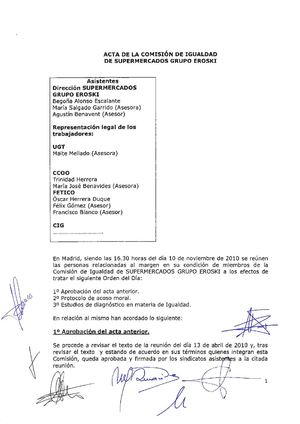 Acta de la comision de igualdad de supermercados Grupo Eroski
