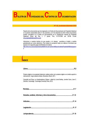 Boletín de novedades del Centro de Documentación de Propiedad Intelectual. Nº  40, noviembre-diciembre 2010