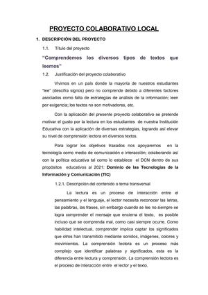 PROYECTO COLABORATIVO: "Comprendemos los diversos tipos de textos que leemos"