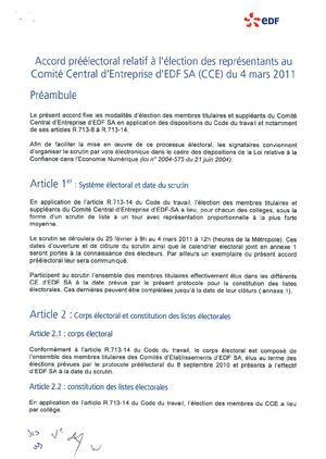 Accord préélectoral relatif à l'élection des représentants au Comité Central d'Entreprise d'EDF SA (CCE) du 4 mars 2011