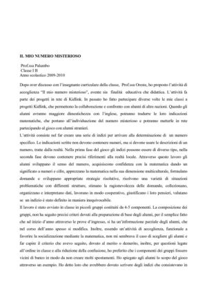 LABORATORIO DI MATEMATICA:"Il mio numero misterioso" (Prof.ssa L. Palumbo)