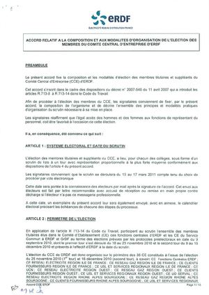 Accord relatif à la composition et aux modalités d'organisation de l'élection des membres du Comité Central d'Entreprise d'ERDF