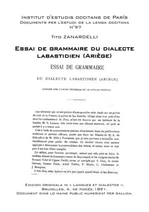 Tito ZANARDELLI - Essai de grammaire du dialecte labastidien (Ariège)