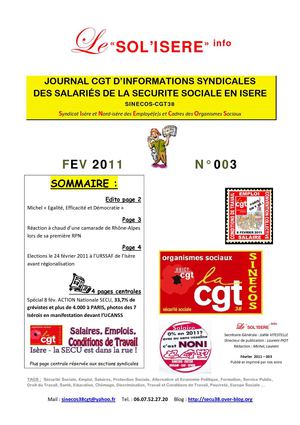 Journal CGT "le SOL'ISERE info" n°3 Fév 2011 pour les salariés de la SECU en Isère