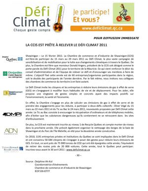 Communiqué de presse - La CCIS est prête à relever le Défi Climat 2011!