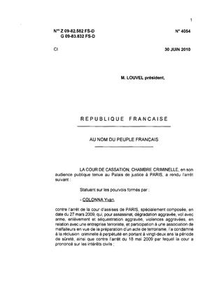 Pourvoi en cassation d'Yvan Colonna. Décision de la cour de cassation, le 30 juin 2010.
