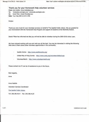 Thank You letter from Volunteer Coordinator