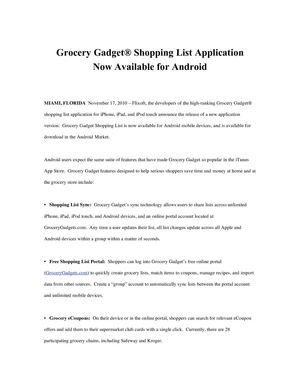 Grocery Gadget® Shopping List Application Now Available for Android