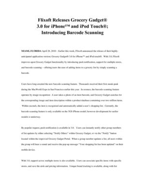 Flixoft Releases Grocery Gadget® 3.0 for iPhone™ and iPod Touch®; Introducing Barcode Scanning
