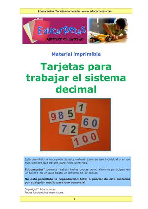 Tarjetas para trabajar el sistema decimal