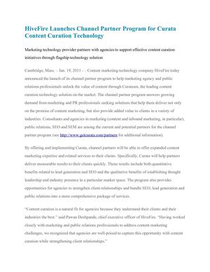 HiveFire Launches Channel Partner Program for Curata Content Curation Technology
