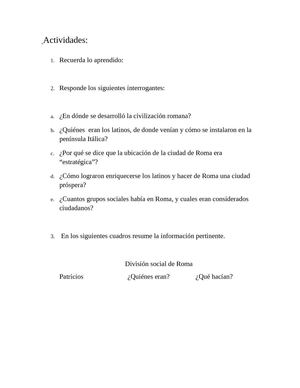 ACTIVIDADES CIVILIZACIÓN ROMANA