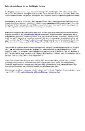 Business Process Outsourcing and the Philippine Economy