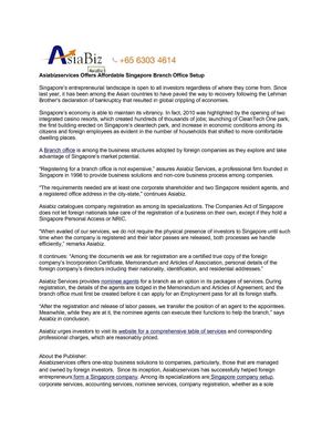 Asiabizservices Offers Affordable Singapore Branch Office Setup