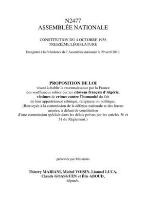 PROPOSITION DE LOI N° 2477, visant à établir la reconnaissance par la France  des souffrances subies par les citoyens français d’Algérie,  victimes de crimes contre l’humanité du fait  de leur appartenance ethnique, religieuse ou politique,