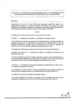 Avenant à l'accord sur les principes relatifs à la composition des commissions secondaires du personnel exécution et maîtrise