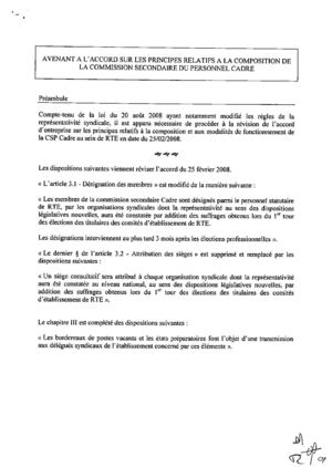 Avenant à l'accord sur les principes relatifs à la composition des commissions secondaires du personnel cadre