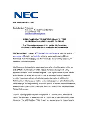 HIGHLY ANTICIPATED MULTISYNC PA301W FROM  NEC DISPLAY SOLUTIONS MAKES ITS DEBUT