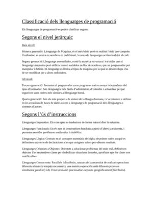 Classificació dels llenguatges de programació