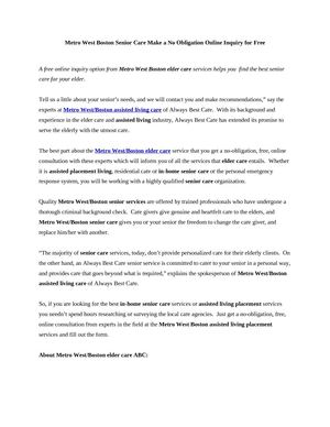 Metro West Boston Senior Care Make a No Obligation Online Inquiry for Free
